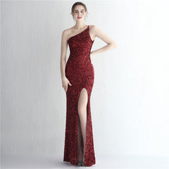 One-Shoulder Sequined Fishtail Split Maxi Dress