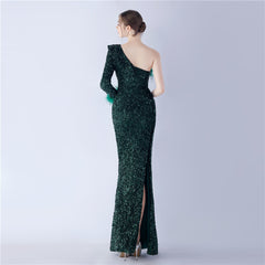 One-Shoulder Ostrich Feather Sequin Maxi Dress