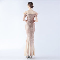 Off-Shoulder Ostrich Feather Sequin Maxi Dress