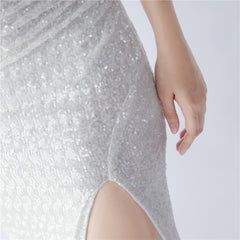 Sequined One-Shoulder Ostrich-Feather Maxi Dress