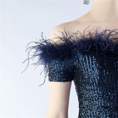 Off-Shoulder Ostrich Feather Sequin Maxi Dress