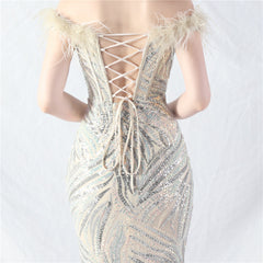 Off-Shoulder Backless Sequined Lace-Up Maxi Dress