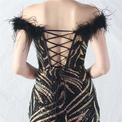 Off-Shoulder Backless Sequined Lace-Up Maxi Dress