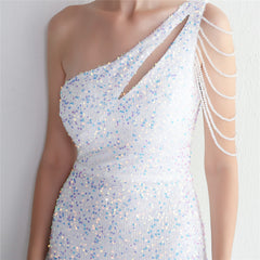 One-Shoulder Sequined Beaded Fishtail Maxi Dress