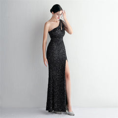 One-Shoulder Sequined Beaded Fishtail Maxi Dress