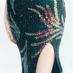 One-Shoulder Ostrich Feather Beaded Maxi Dress