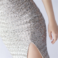 Sequined One-Shoulder Ostrich-Feather Maxi Dress