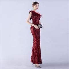 Sequined One-Shoulder Ostrich-Feather Maxi Dress