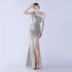 Sequined One-Shoulder Ostrich-Feather Maxi Dress