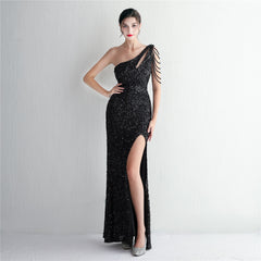 One-Shoulder Sequined Beaded Fishtail Maxi Dress