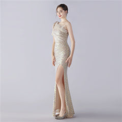 Sequined One-Shoulder Ostrich-Feather Maxi Dress