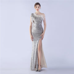 Sequined One-Shoulder Ostrich-Feather Maxi Dress