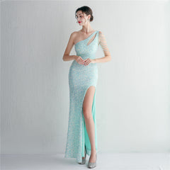 One-Shoulder Sequined Beaded Fishtail Maxi Dress