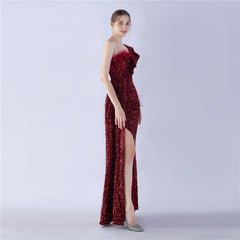 One-Shoulder Ostrich Feather Sequin Maxi Dress