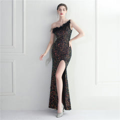 Ostrich Feather One-Shoulder Sequined Maxi Dress