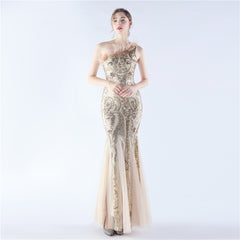 Ostrich Feather Sequined One-Shoulder Maxi Dress