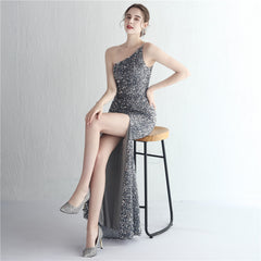 One-Shoulder Sequined Fishtail Split Maxi Dress