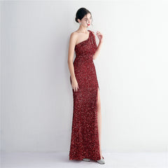 One-Shoulder Sequined Beaded Fishtail Maxi Dress