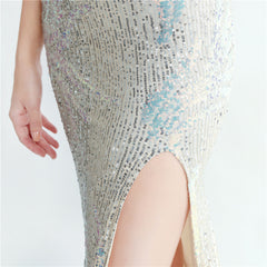 One-Shoulder Ostrich Feather Beaded Maxi Dress