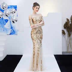 Off-Shoulder Sequin Fishtail Maxi Dress