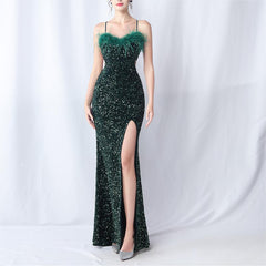Feathered Sequin Backless Maxi Dress