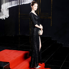 Elegant Sequin Long-Sleeve Fishtail Gown