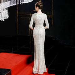 Elegant Sequin Long-Sleeve Fishtail Gown