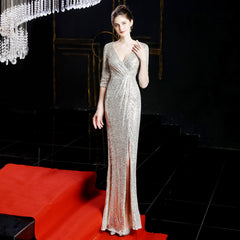 Elegant Sequin Long-Sleeve Fishtail Gown