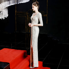 Elegant Sequin Long-Sleeve Fishtail Gown