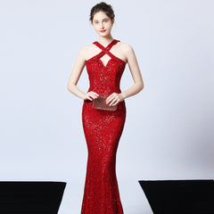 Sequined Halter Fishtail Maxi Dress