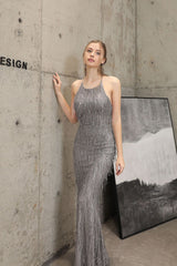 Sequined Fishtail Fringe Maxi Dress