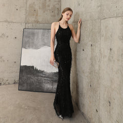 Sequined Fishtail Fringe Maxi Dress