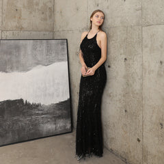 Sequined Fishtail Fringe Maxi Dress