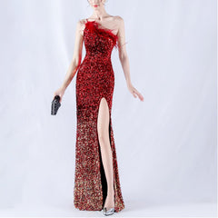 One-Shoulder Sequin Feather Maxi Dress