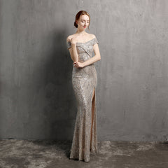 Off-Shoulder Sequined Asymmetric Maxi Dress