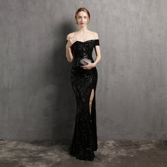 Off-Shoulder Sequined Asymmetric Maxi Dress