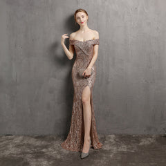 Off-Shoulder Sequined Asymmetric Maxi Dress