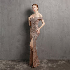 Off-Shoulder Sequined Asymmetric Maxi Dress