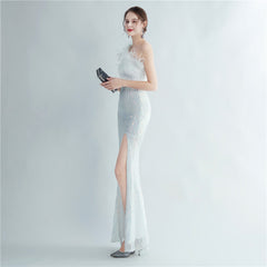 One-Shoulder Sequin Feather Maxi Dress