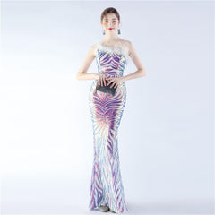 One-Shoulder Sequined Ostrich Feather Dress