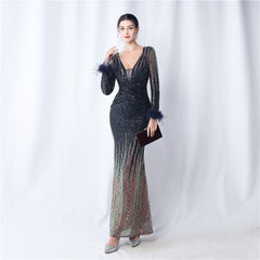 Ostrich Feather Gradient Sequin Maxi Dress