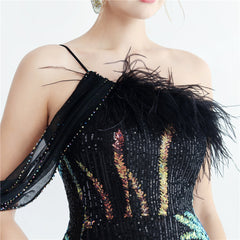 One-Shoulder Ostrich Feather Beaded Maxi Dress