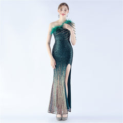 One-Shoulder Ombre Sequin Feather Dress