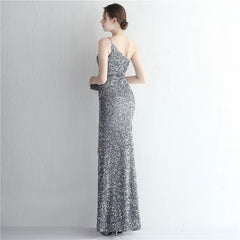 One-Shoulder Sequined Fishtail Split Maxi Dress