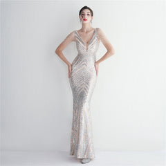 Sequined V-Neck Slim Maxi Dress
