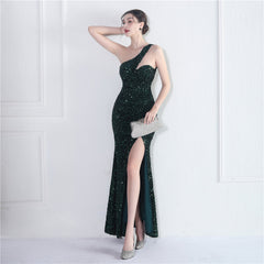 One-Shoulder Sequined Fishtail Maxi Dress