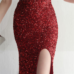 One-Shoulder Sequined Split Maxi Dress
