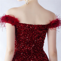 Off-Shoulder Sequin Feather Maxi Dress