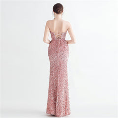 Sequin Boned Strapless Split Maxi Dress