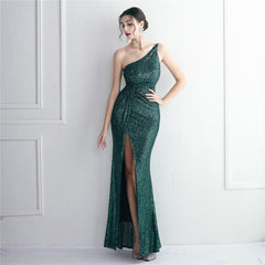 Sequin One-Shoulder Fishtail Maxi Dress